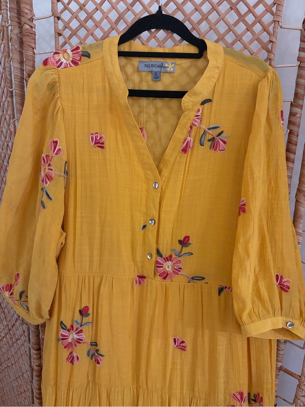 Yellow Tiered Maxi Dress with Floral Embroidery - Picture 3 of 8